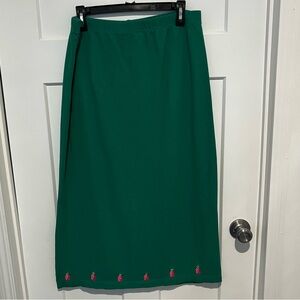 Quacker Factory Kelly Green Knit Maxi Skirt Pink Pineapple Sz XL Back Slit